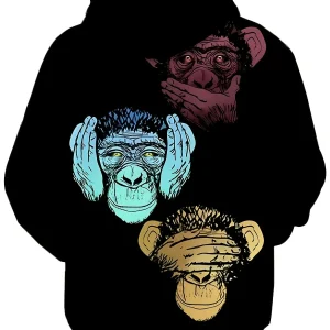 Sweat à capuche noir unisexe motif singes de la sagesse imprimés