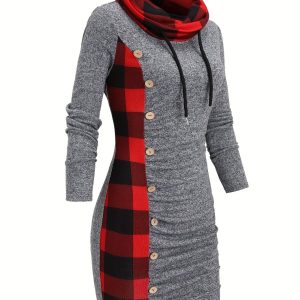Robe Pull Courte Femme avec Col Cheminée et Motif Carreaux Bicolores