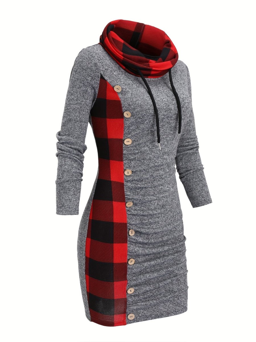 Robe Pull Courte Femme avec Col Cheminée et Motif Carreaux Bicolores - Imagen 2