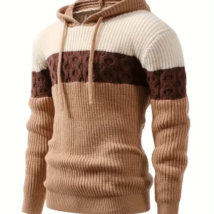 Pull à capuche homme tricoté à rayures, beige, marron et crème, motif torsadé décontracté
