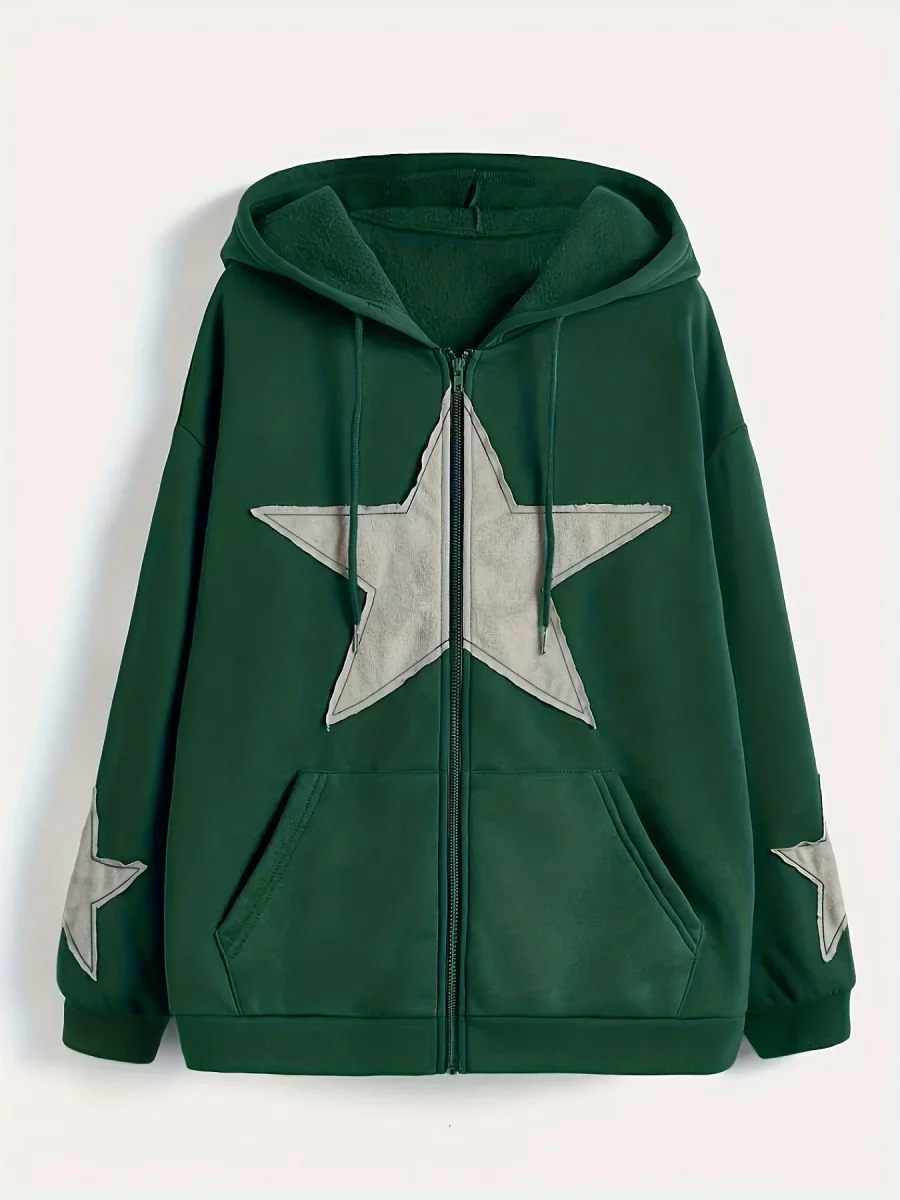 Sweat à capuche zippé marron avec motif étoile gris délavé - Imagen 5