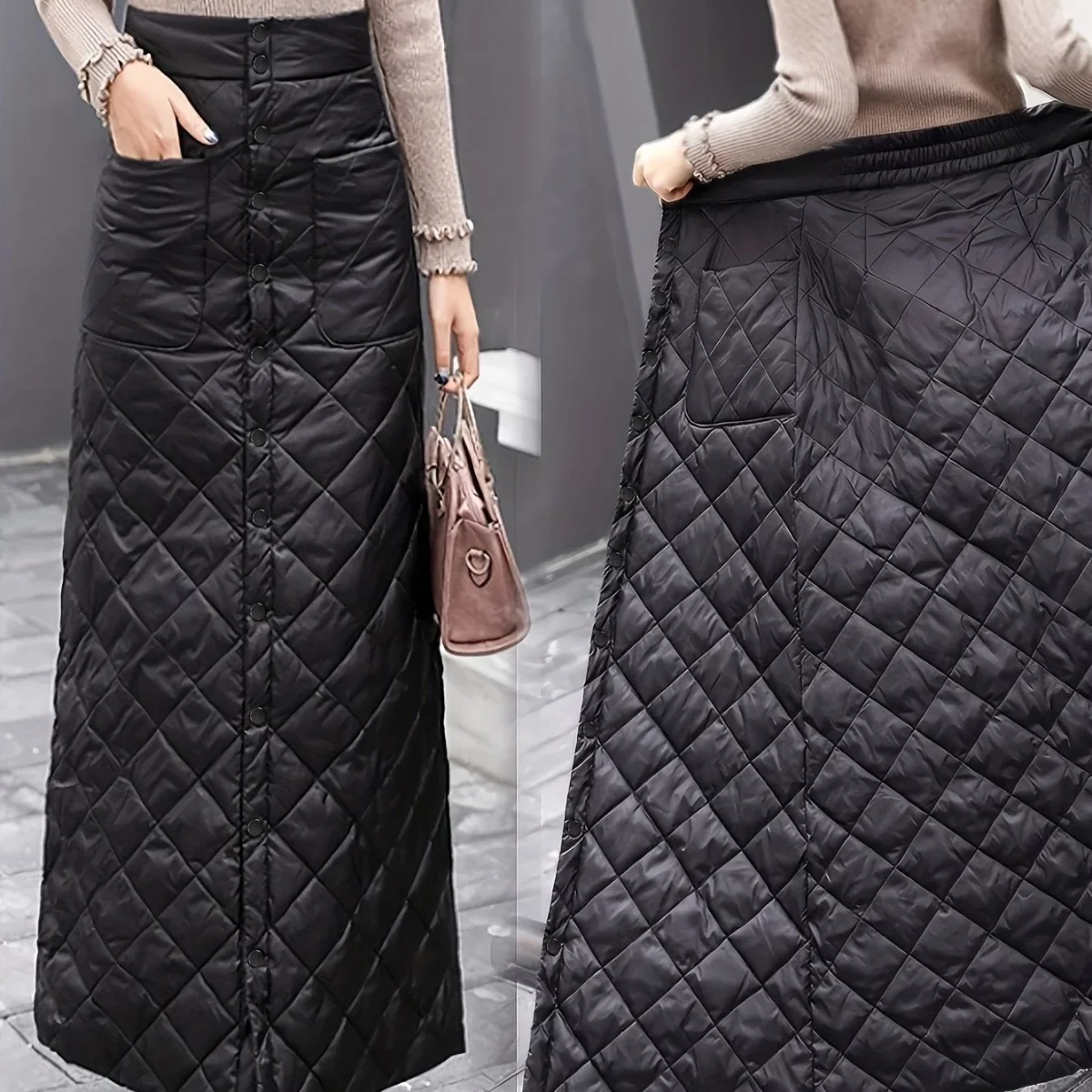 Jupe longue matelassée noire boutonnée taille haute pour femme - Imagen 8