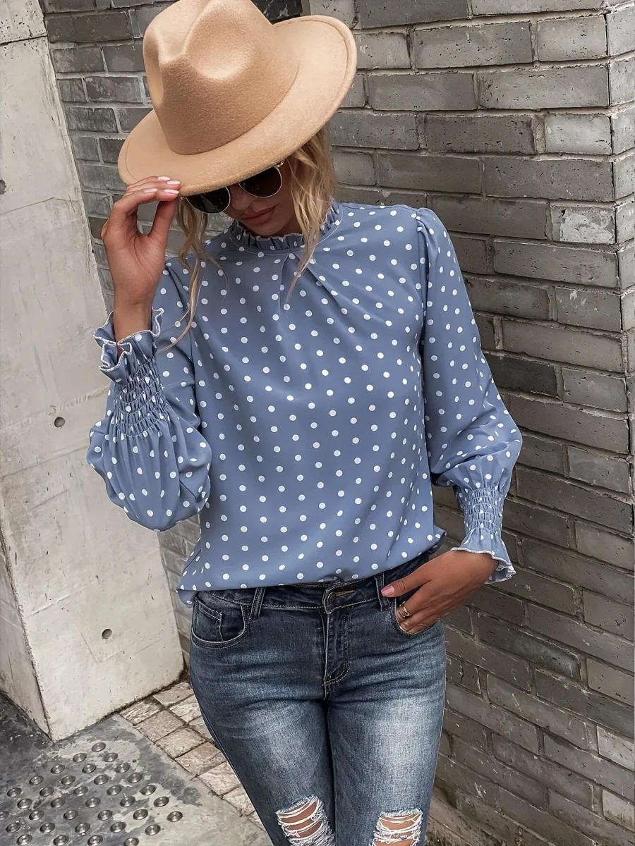 Chemisier Femme à Pois Col Montant Manches Longues Bleue - Imagen 4