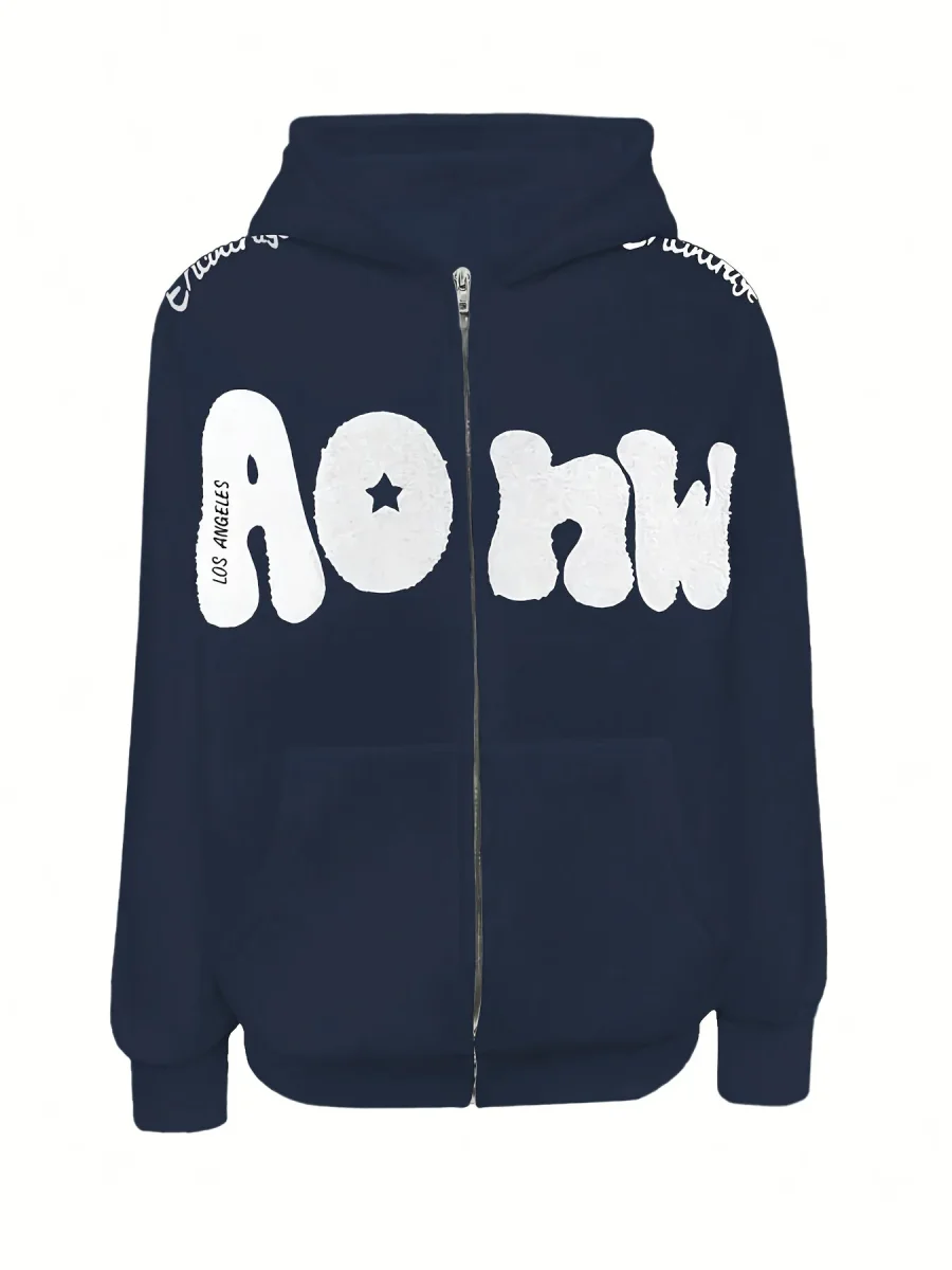 Sweat à Capuche Zippé Femme Rose Vif Étoile New York Lettrage Noir - Imagen 8