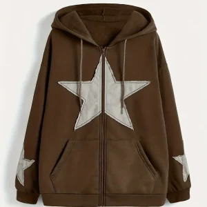 Sweat à capuche zippé marron avec motif étoile gris délavé