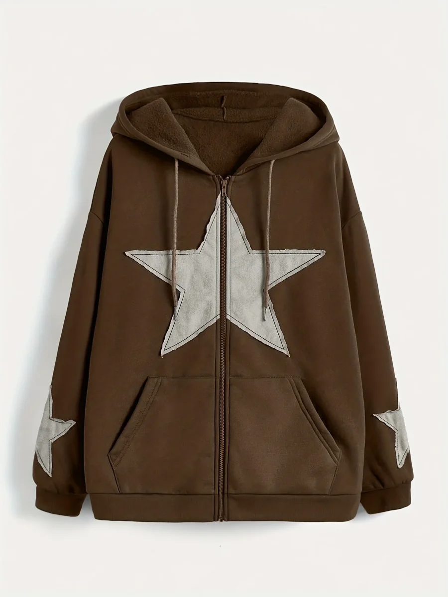 Sweat à capuche zippé marron avec motif étoile gris délavé - Imagen 2