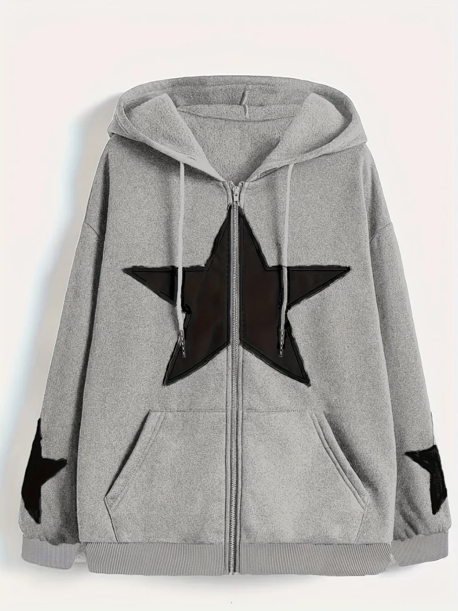 Sweat à capuche zippé marron avec motif étoile gris délavé - Imagen 3