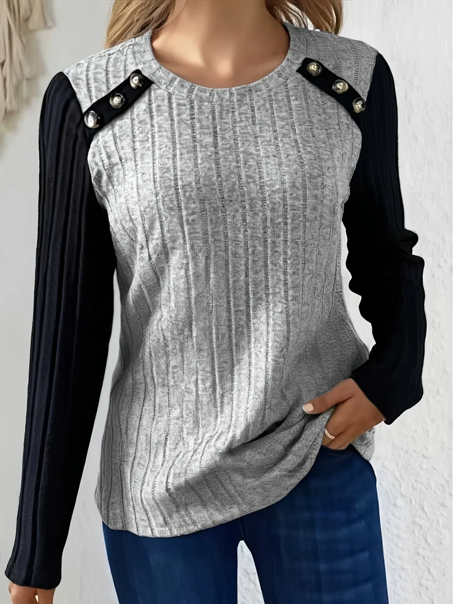 Haut côtelé femme manches longues bicolore à boutons décoratifs - Imagen 5