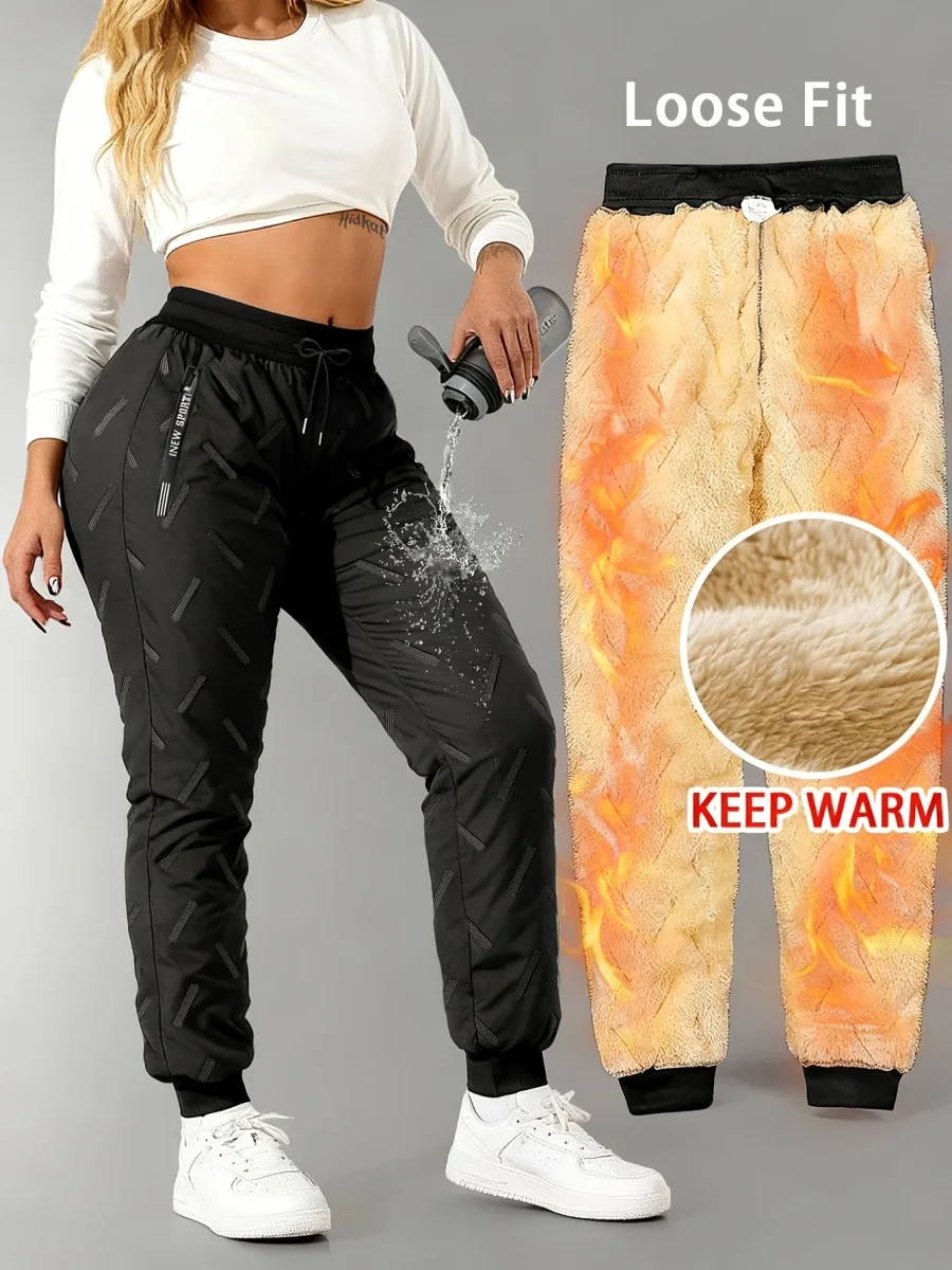 Pantalon de jogging femme doublé polaire chaud à taille élastique - Imagen 3