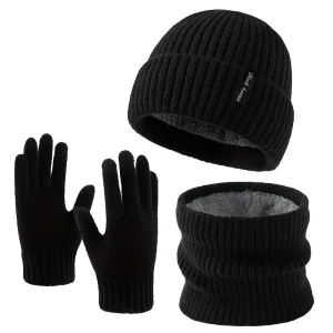 Ensemble Bonnet Écharpe Tour de Cou et Gants Unisexe Tricot Doublé Polaire Hiver