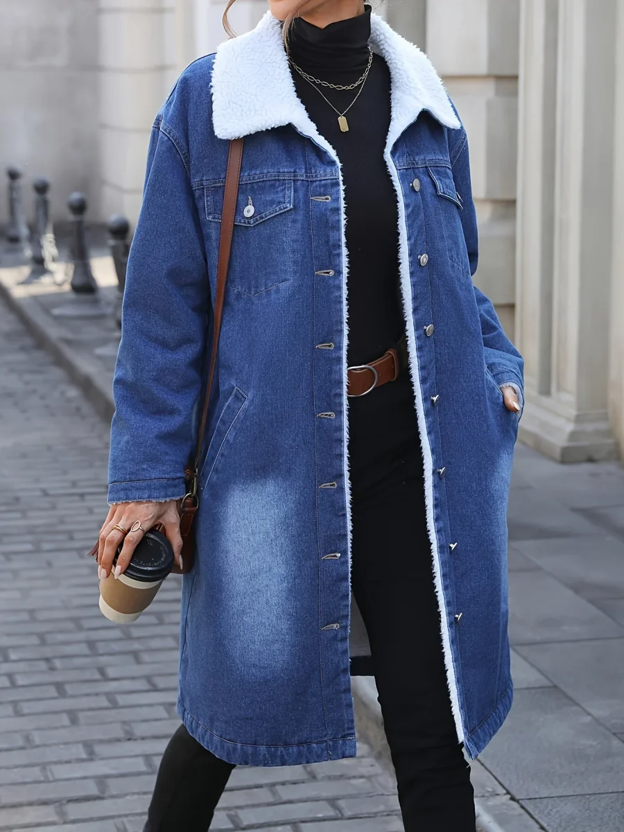 Manteau long en jean bleu délavé doublé doux pour femme - Imagen 7
