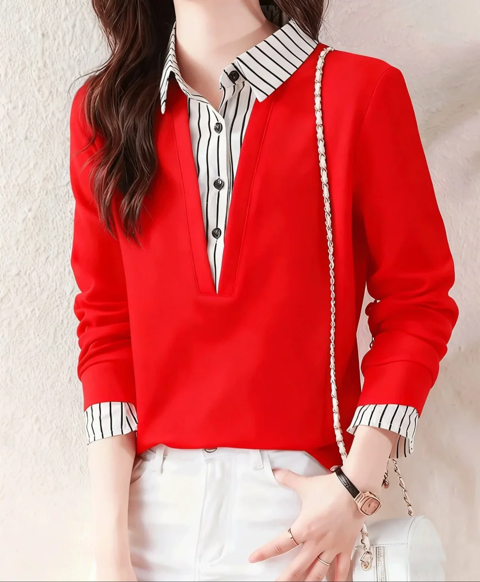 T-shirt Femme Col Chemise Rayé Manches Longues Faux Deux Pièces - Imagen 7