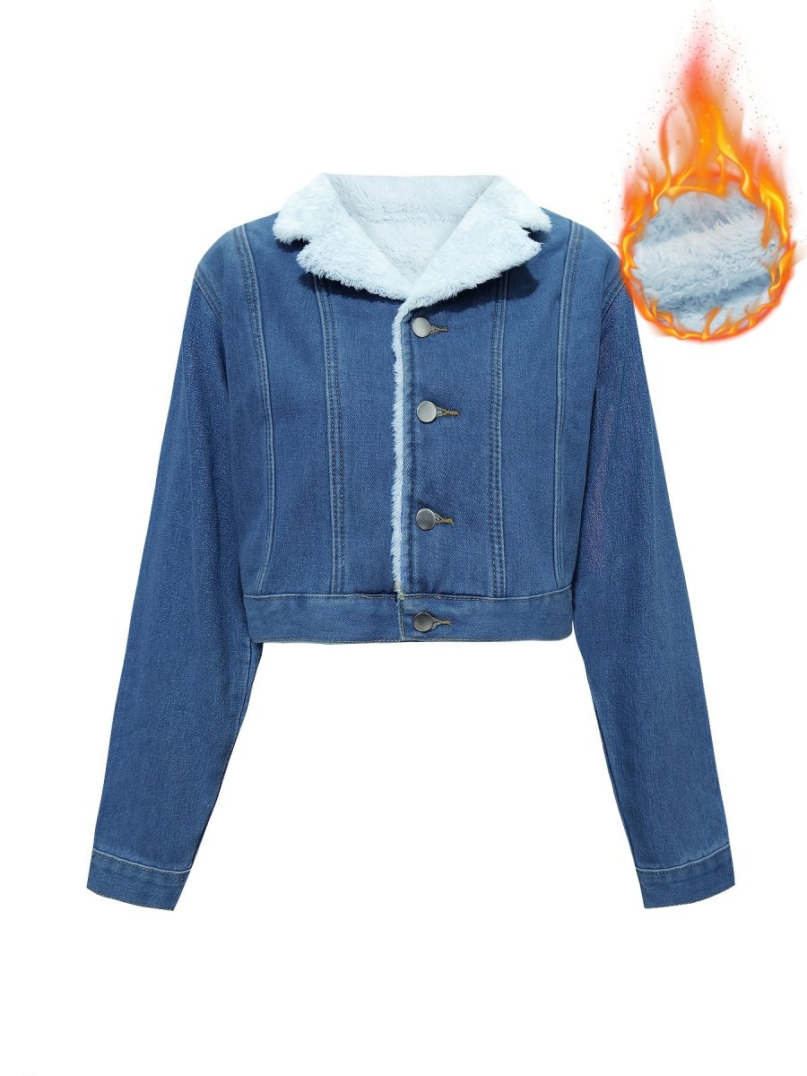 Veste courte en denim bleu avec doublure douce pour femme - Imagen 5