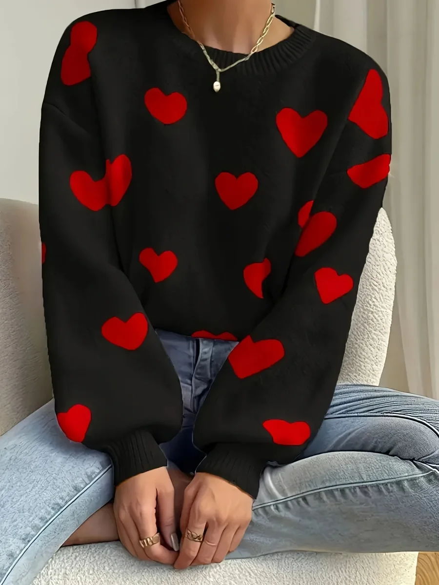 Pull col rond ample en maille blanc avec cœurs beiges - Imagen 7