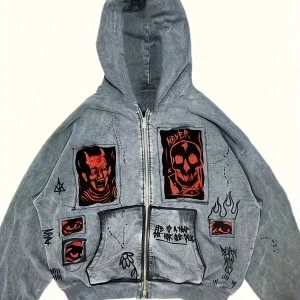 Sweat à Capuche Unisexe Gris Fermeture Éclair Motif Tête de Mort et Visage