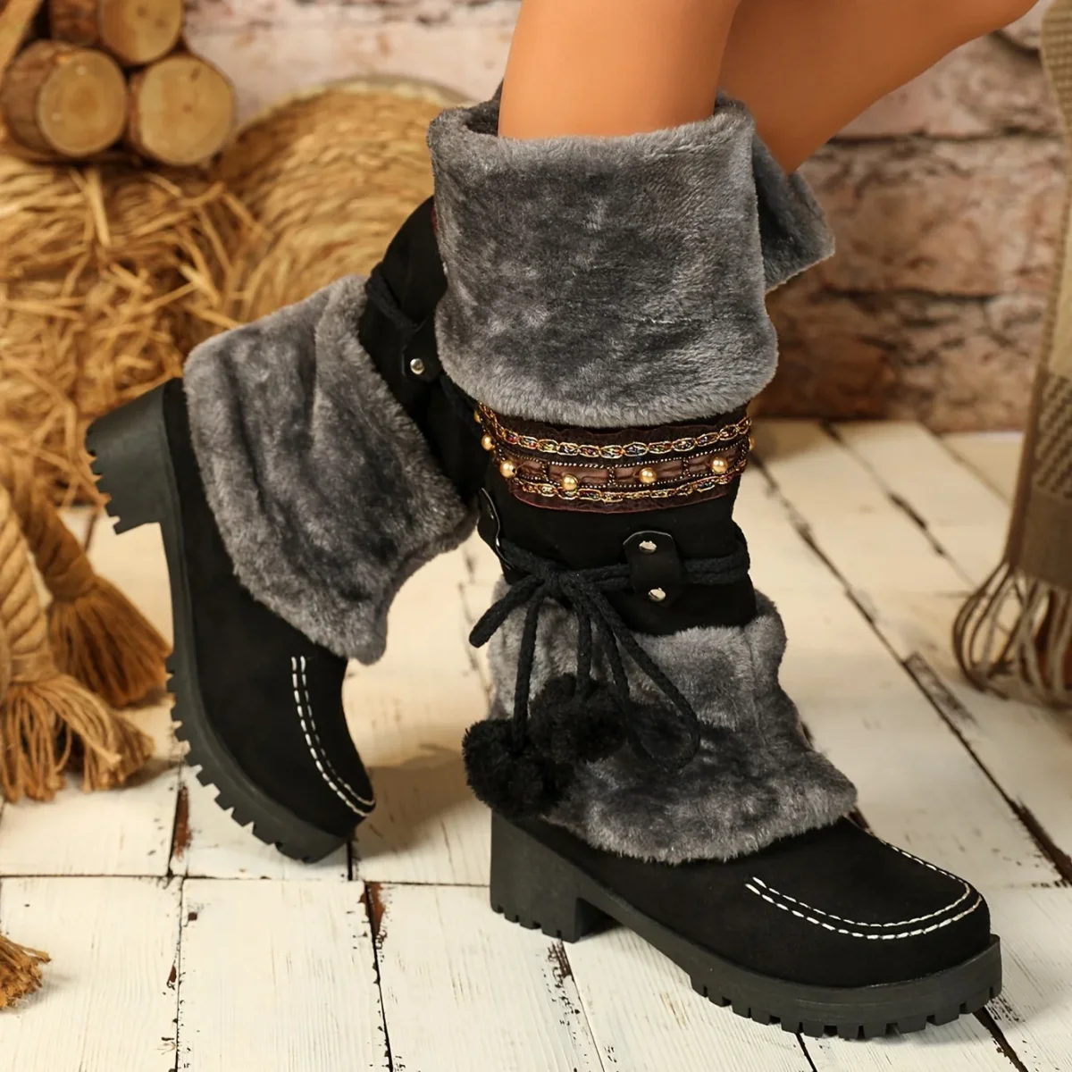 Bottes Femme Mi-Mollet Chaudes Style Ethnique Marron avec Fourrure et Pompons - Imagen 5