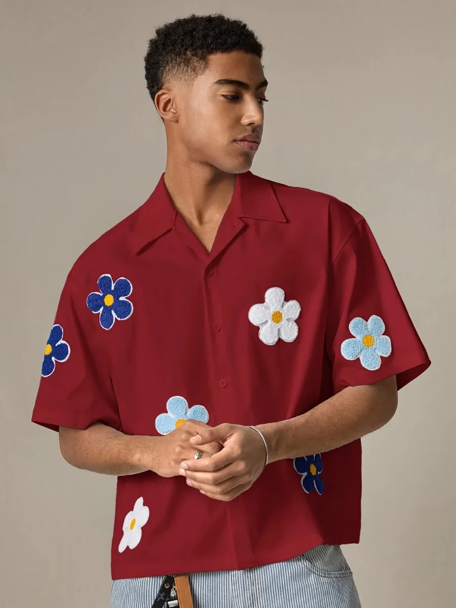 Chemise homme décontractée à manches courtes style camp avec appliqués floraux pour look estival tendance - Imagen 8