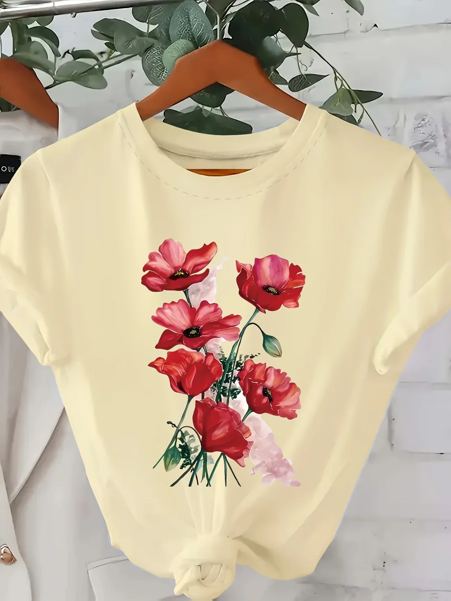 T-shirt Femme Style Décontracté à Imprimé Floral Artistique pour le Printemps et l'Été - Imagen 3