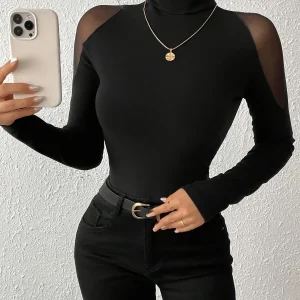 Haut moulant femme col roulé noir manches longues transparentes épaules