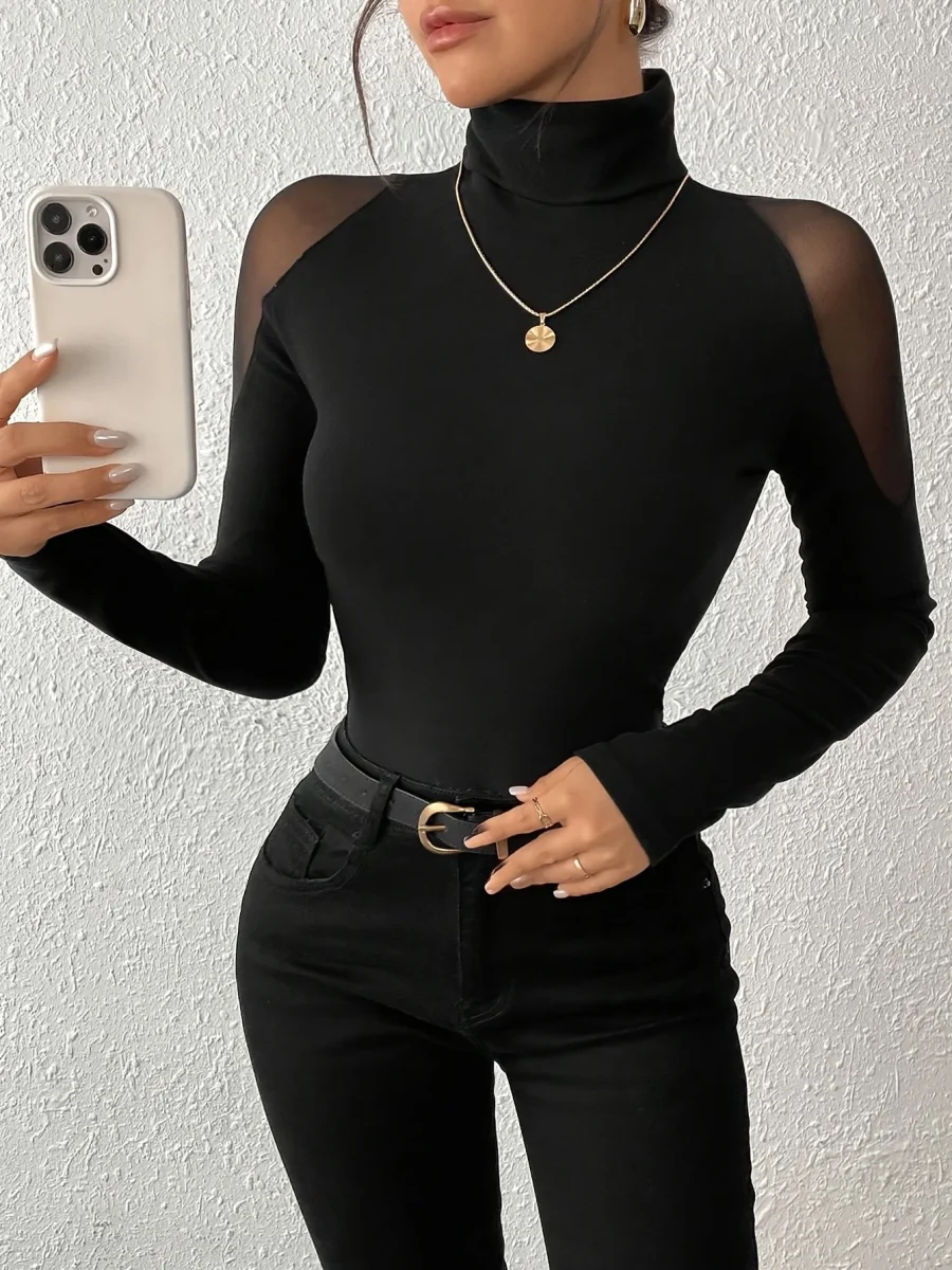 Haut moulant femme col roulé noir manches longues transparentes épaules - Imagen 2