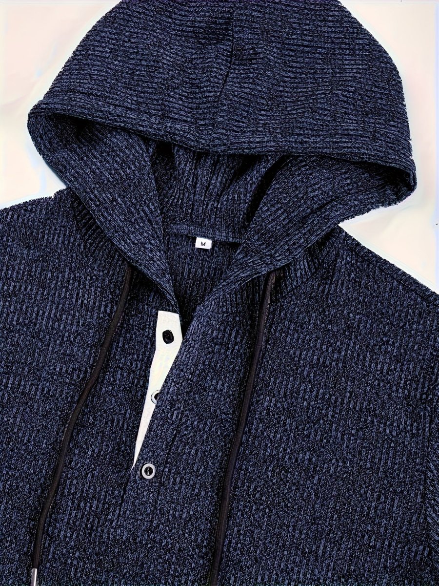 Pull à Capuche Homme en Maille Texturée Bleu Marine Style Henley - Imagen 5