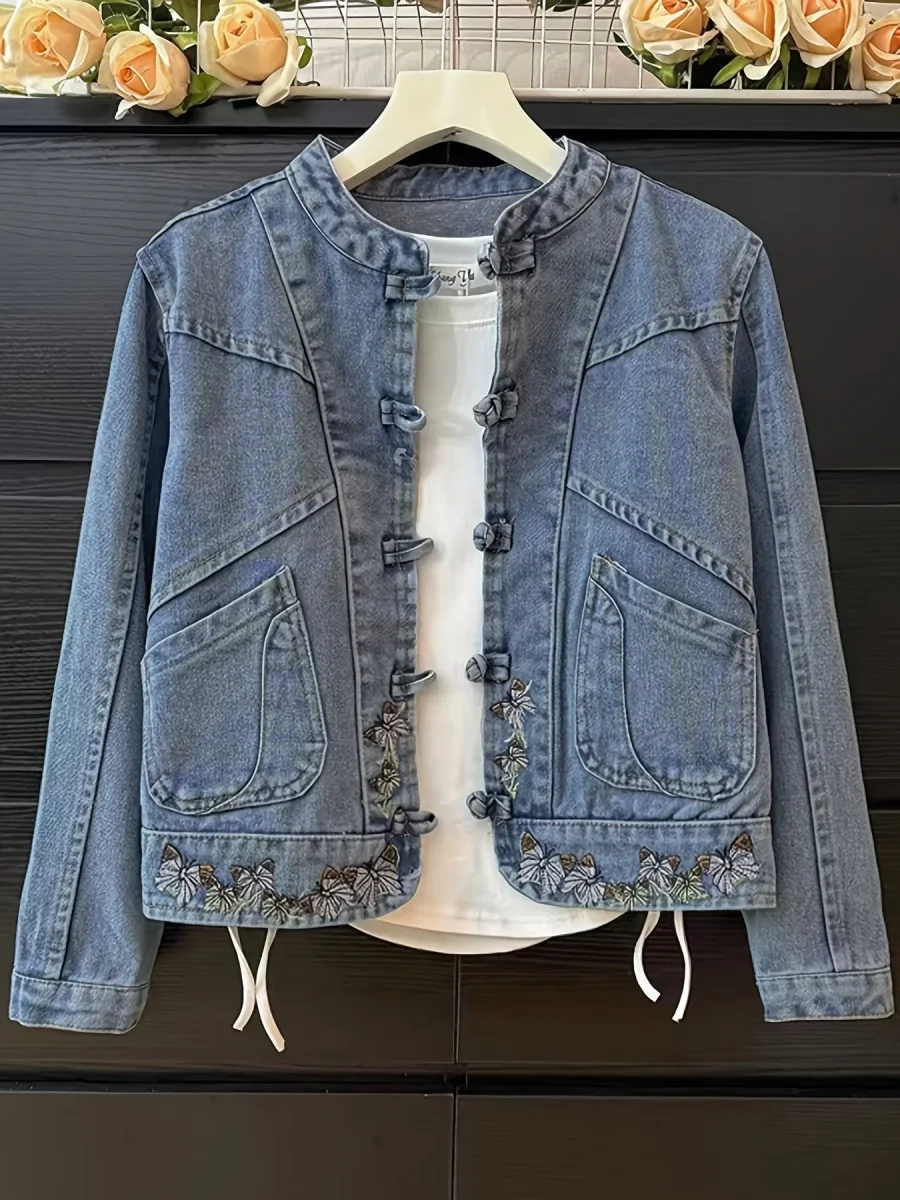 Veste en Jean Femme Col Mandarin Boutons Brandebourg Broderie Papillons - Imagen 2