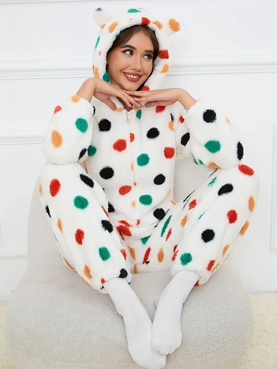 Combinaison Pyjama Polaire Femme à Capuche Ourson ou Pois Colorés Fermeture Éclair - Imagen 5