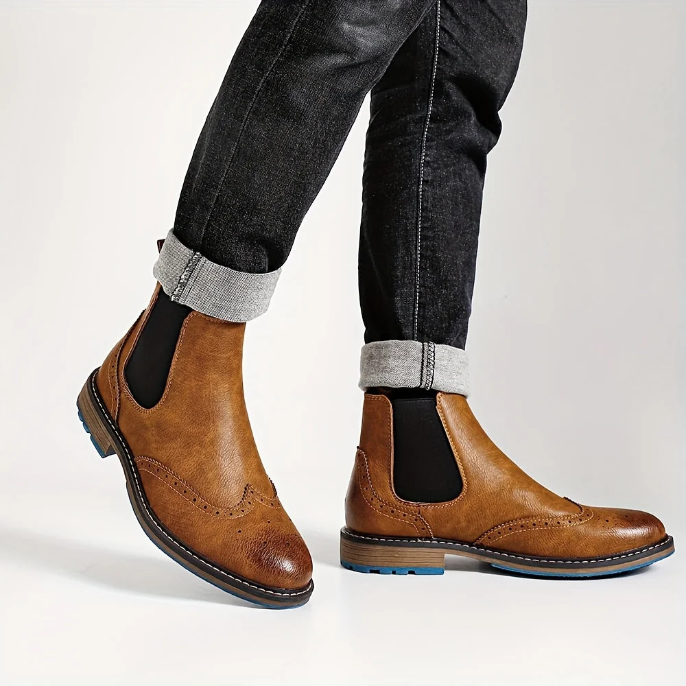 Bottes Chelsea Homme Marron Brogue Détails Perforés Élastiques Latéraux Semelle Bleue - Imagen 7