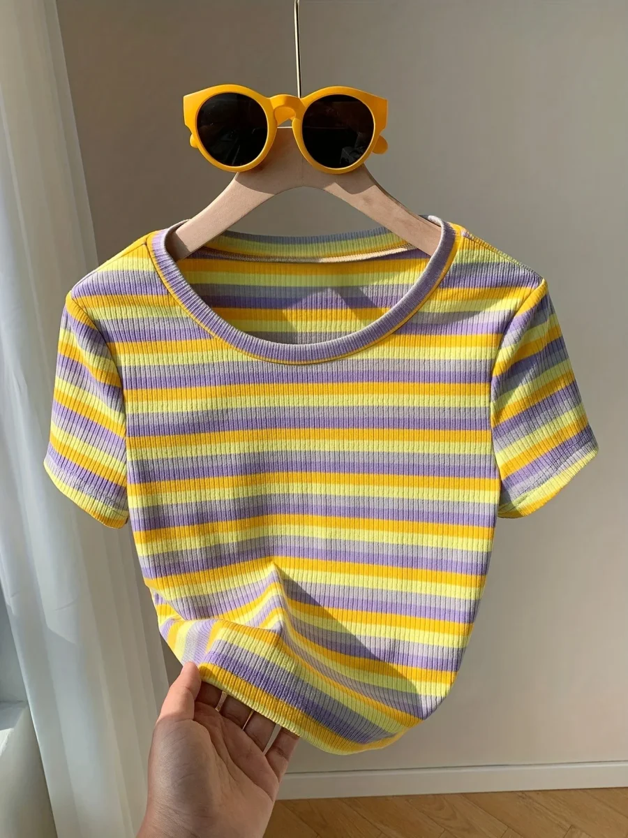 T-shirt rayé à manches courtes pour femme, style décontracté et tendance, parfait pour l'été - Imagen 5