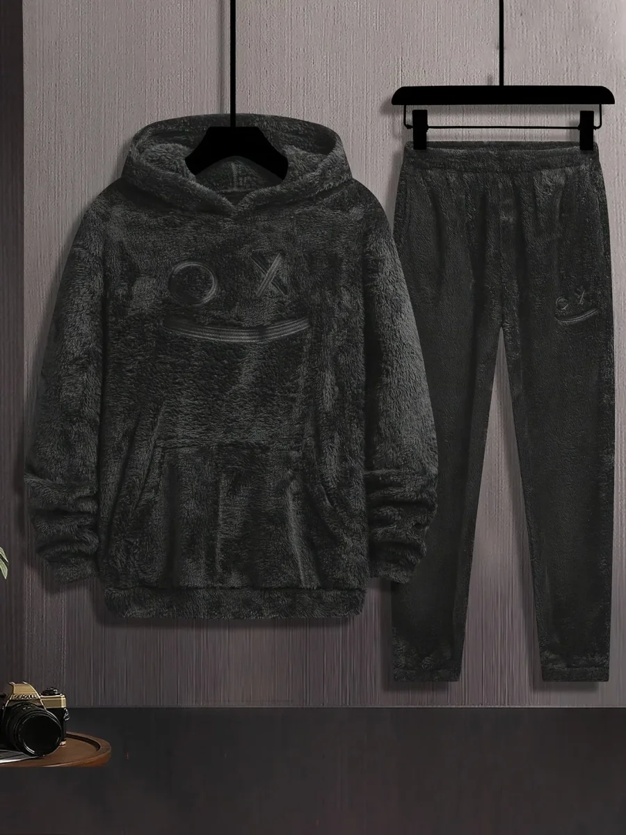 Ensemble Homme Doux Noir à Capuche et Pantalon Motif Géométrique Relief - Imagen 2