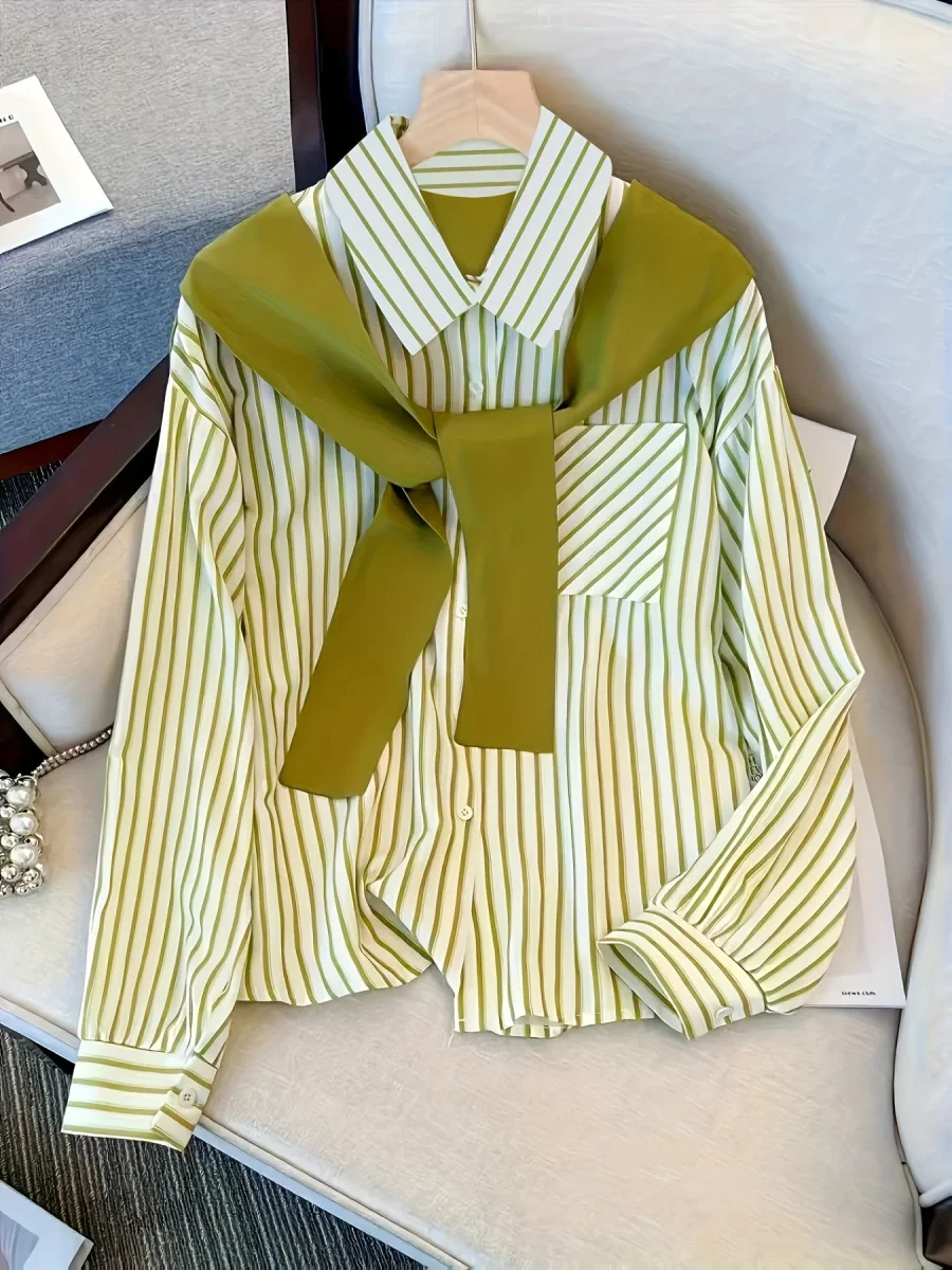 Chemise rayée femme à manches longues avec fausse écharpe nouée devant - Imagen 5