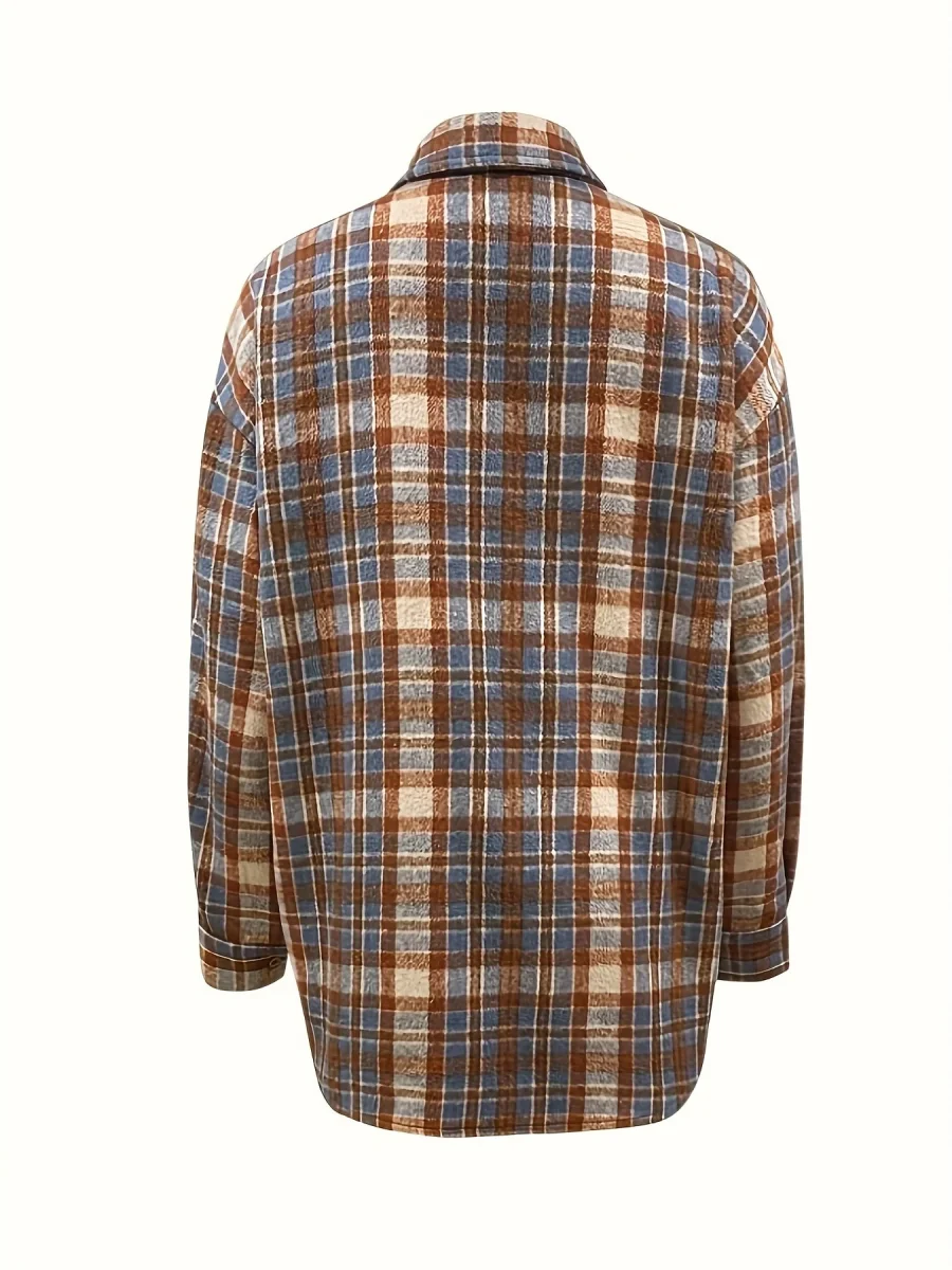 Surchemise à carreaux oversize Femme marron beige bleue décontractée - Imagen 4