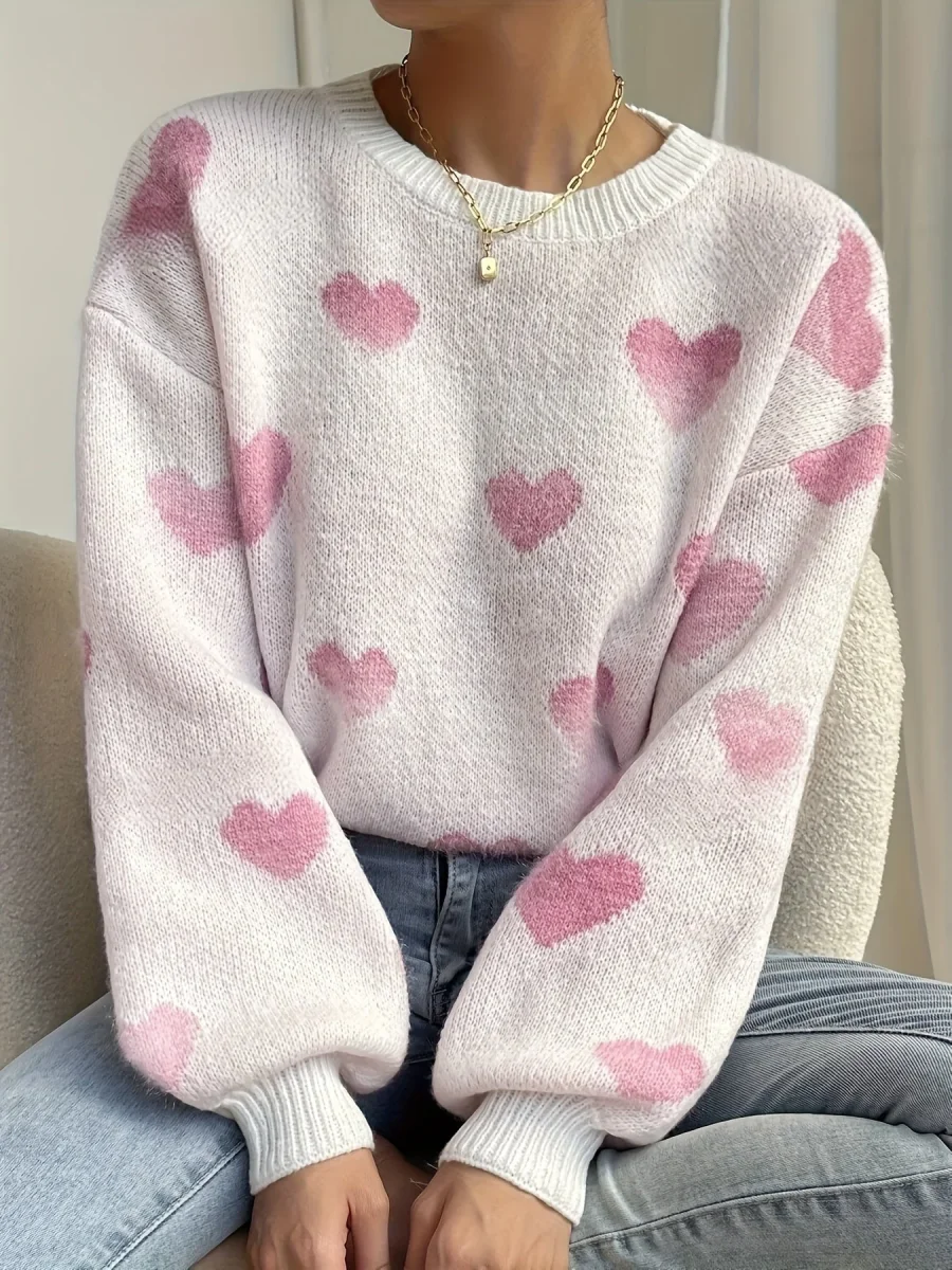 Pull col rond ample en maille blanc avec cœurs beiges - Imagen 5