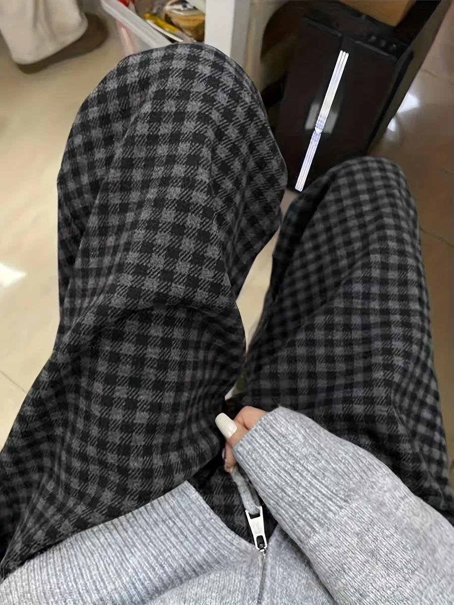 Pantalon large à carreaux Vichy noir et gris avec taille élastique et cordon - Imagen 5