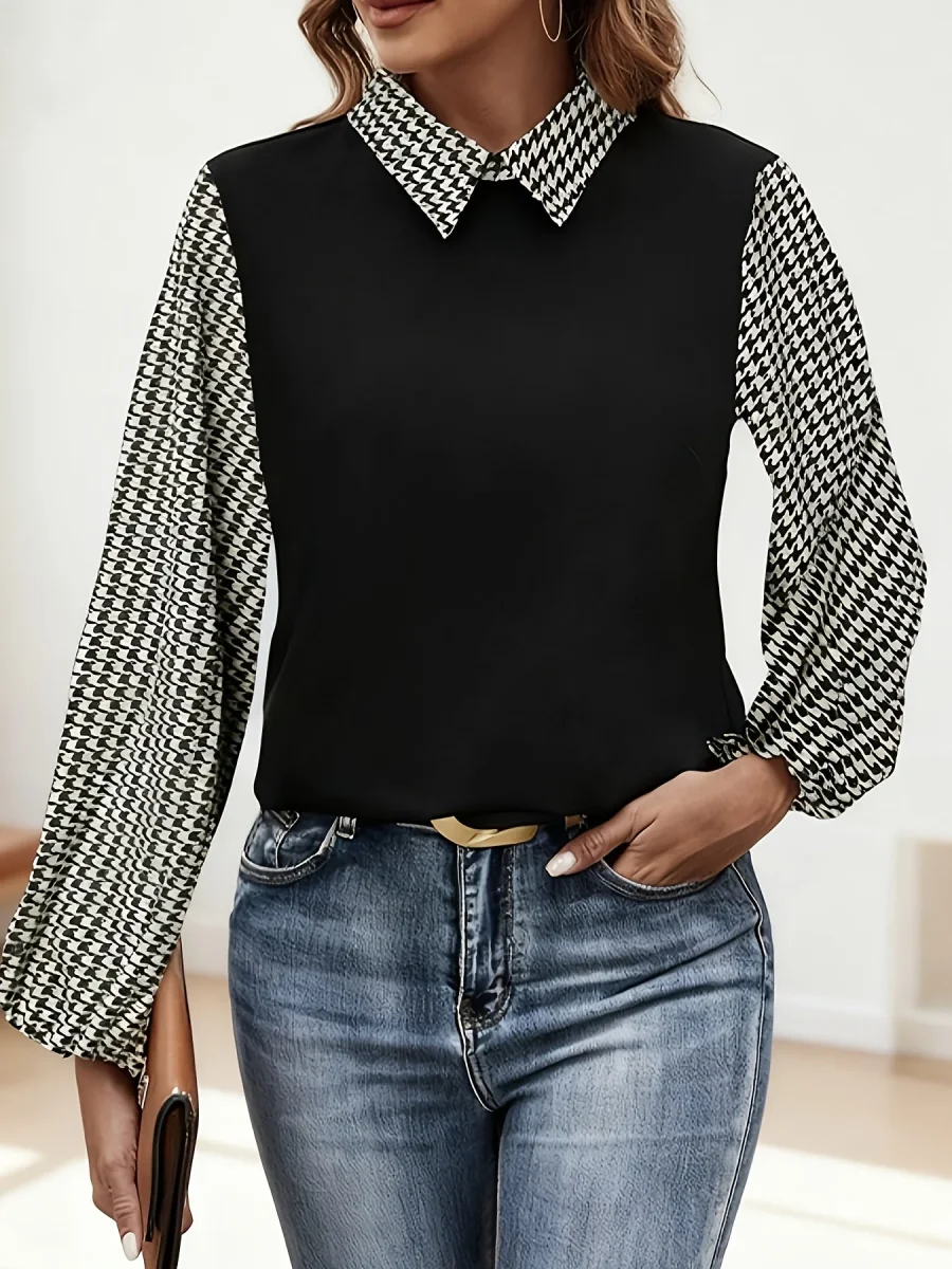 Blouse Femme Noir et Blanc Motif Pied-de-poule Manches Longues - Imagen 4