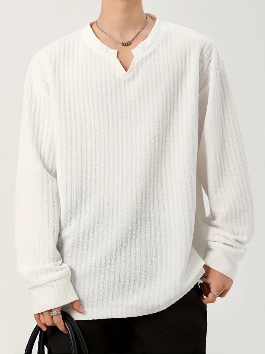 T-shirt Homme Manches Longues Texture Texturée Col V Doux Couleur Unie - Imagen 4