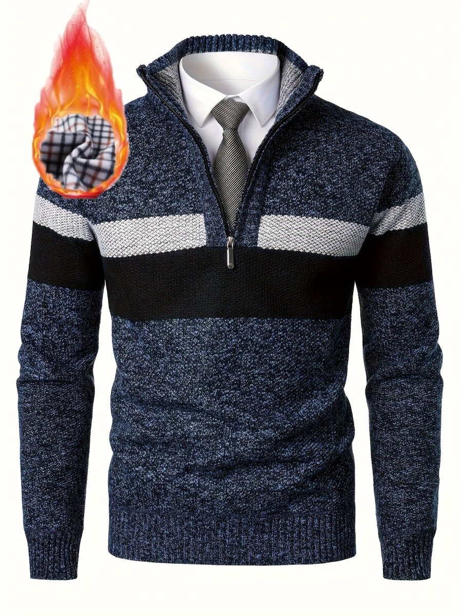 Pull homme tricoté à rayures, col montant zippé, doublure polaire beige et marron - Imagen 4