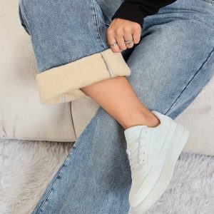 Jean large délavé doublé fausse fourrure beige pour femme, taille haute décontracté