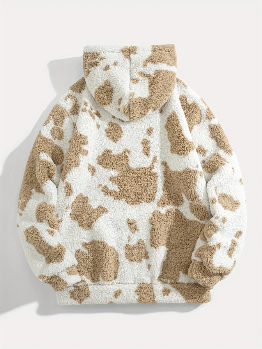 Sweat à capuche Sherpa motif peau de vache bicolore avec poche kangourou - Imagen 9