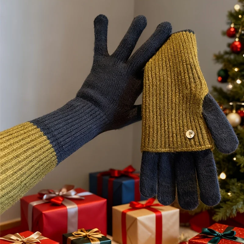 Gants tricotés bicolores convertibles avec mitaines rabattables pour femme - Imagen 5