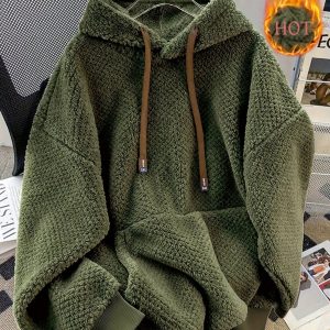 Sweat à Capuche Doux Effet Peluche Vert Militaire avec Cordon Contrastant