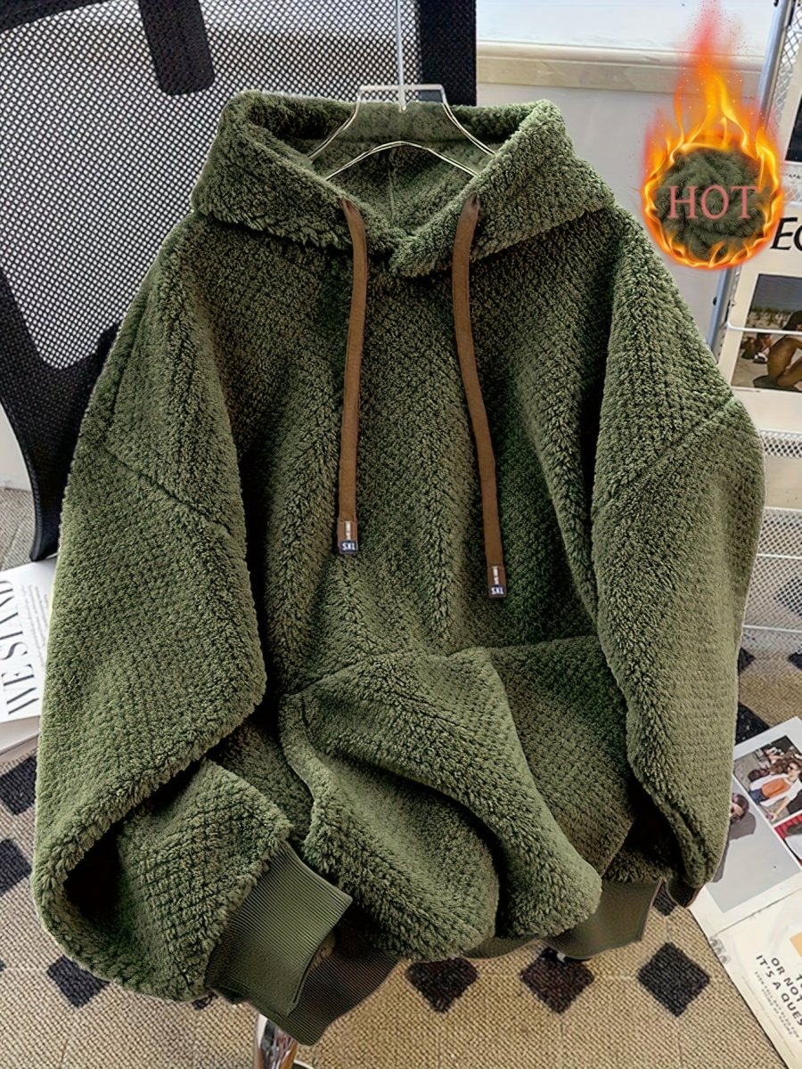 Sweat à Capuche Doux Effet Peluche Vert Militaire avec Cordon Contrastant - Imagen 2
