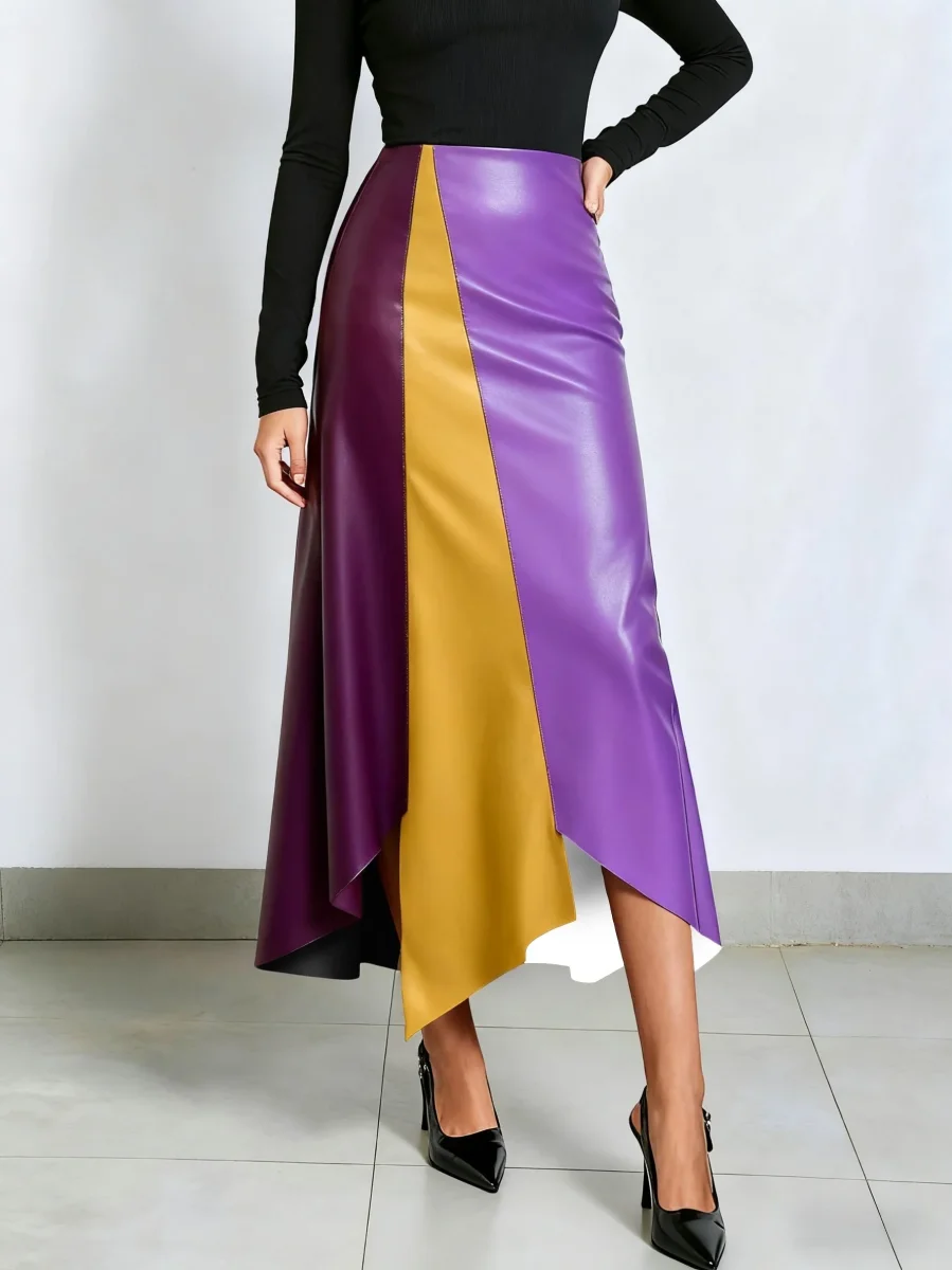 Jupe longue asymétrique femme à blocs de couleurs finition brillante - Imagen 5