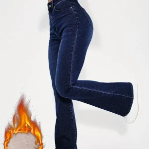 Jean évasé taille haute bleu foncé doublé matière douce pour femme