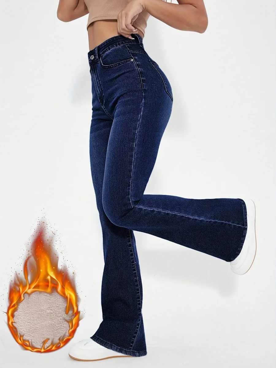 Jean évasé taille haute bleu foncé doublé matière douce pour femme - Imagen 2