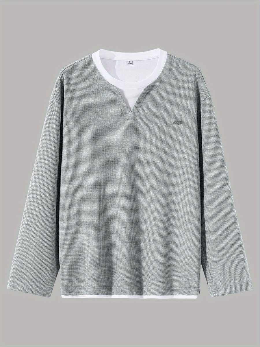 Pull Homme Maille Gaufre Bicolore Col V Manches Longues Gris - Imagen 8