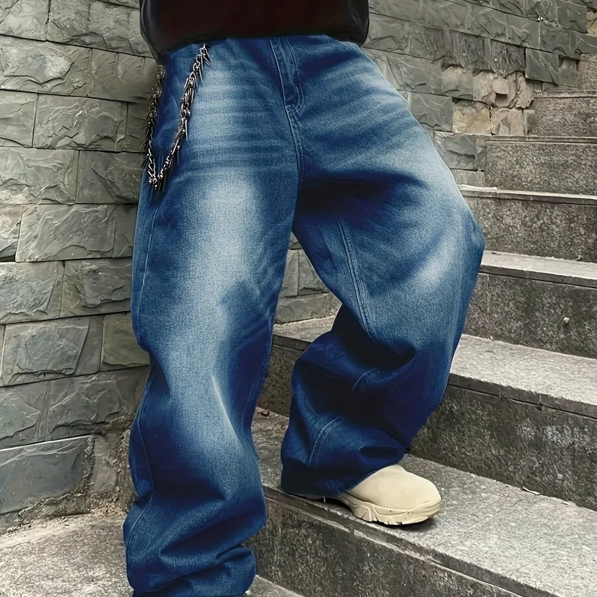 Jean large délavé coupe baggy bleu foncé style urbain unisexe - Imagen 8