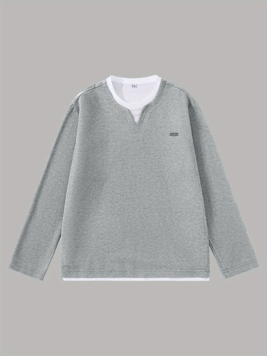 Pull Homme Maille Gaufre Bicolore Col V Manches Longues Gris - Imagen 7