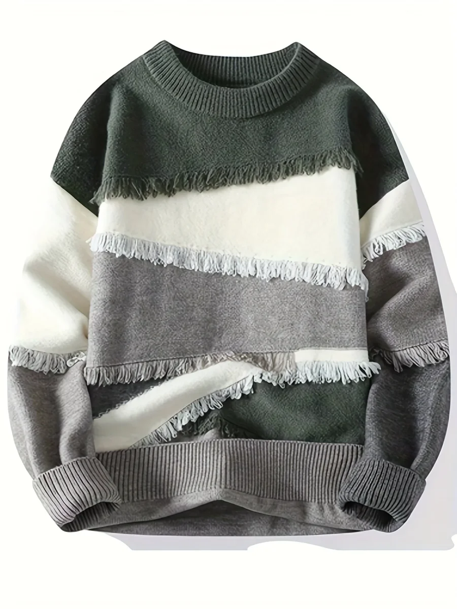 Pull Homme Col Rond Color Block à Franges Tricoté Décontracté - Imagen 3