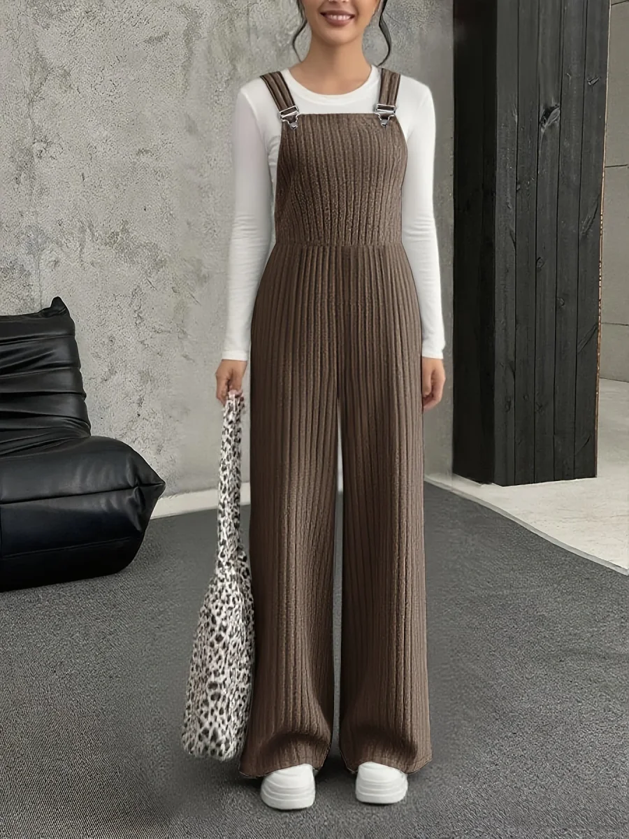 Salopette Femme ample côtelée gris clair à bretelles avec boucle - Imagen 6